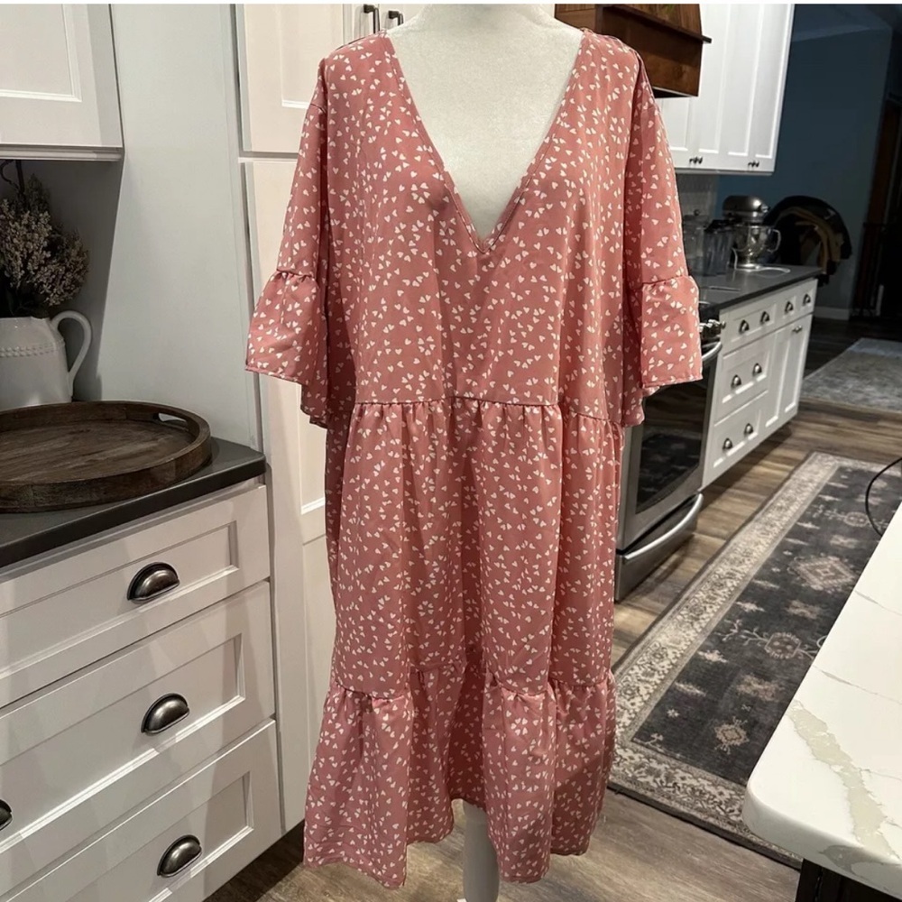 SHEIN Curve 4XL Pink Hearts V-Neck Tiered Ruffle Babydoll Swing Dress